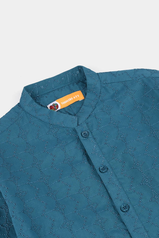 Boys Cotton Poplin Chicken Kari Kurta - Teal Blue