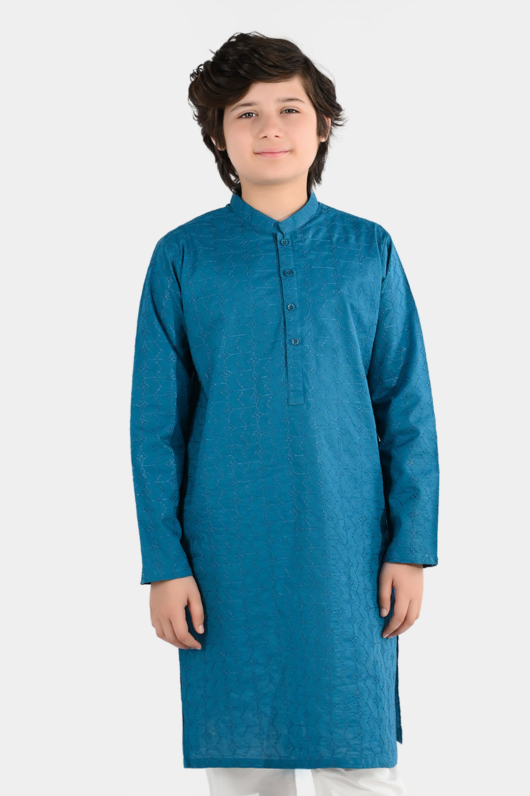 Boys Cotton Poplin Chicken Kari Kurta - Teal Blue
