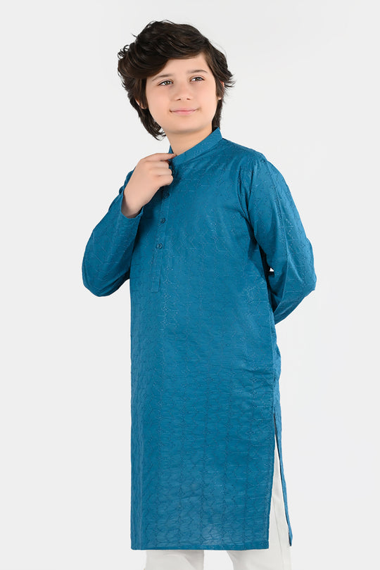 Boys Cotton Poplin Chicken Kari Kurta - Teal Blue