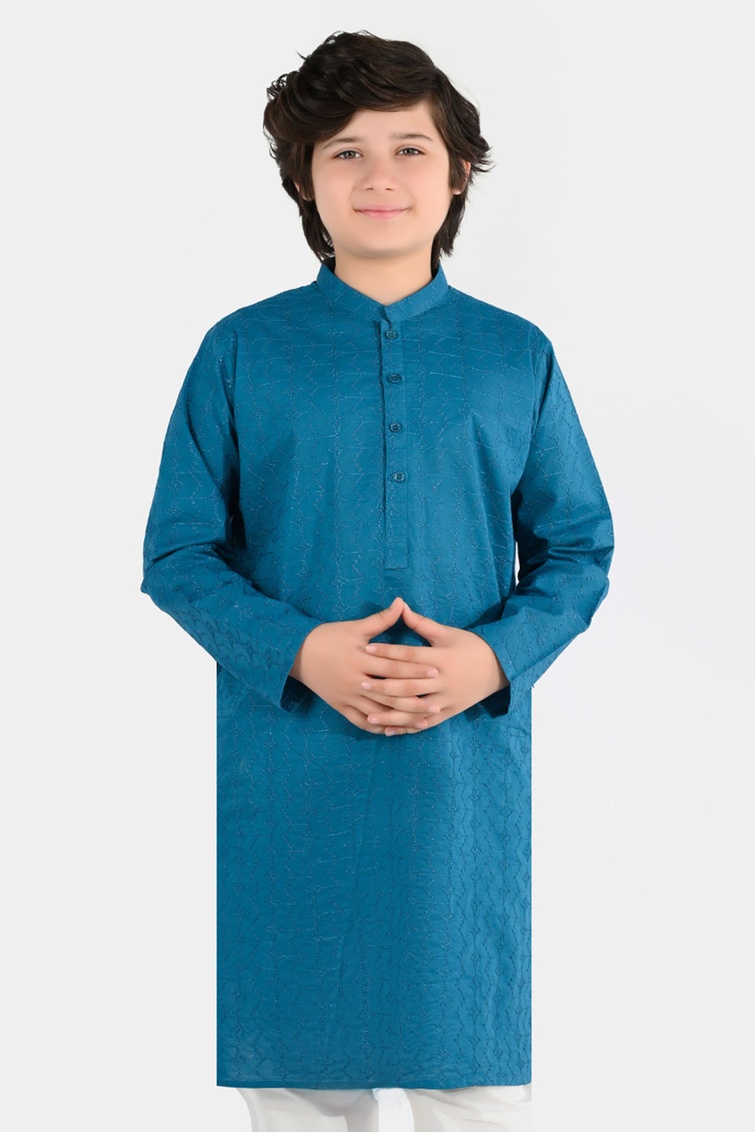 Boys Cotton Poplin Chicken Kari Kurta - Teal Blue