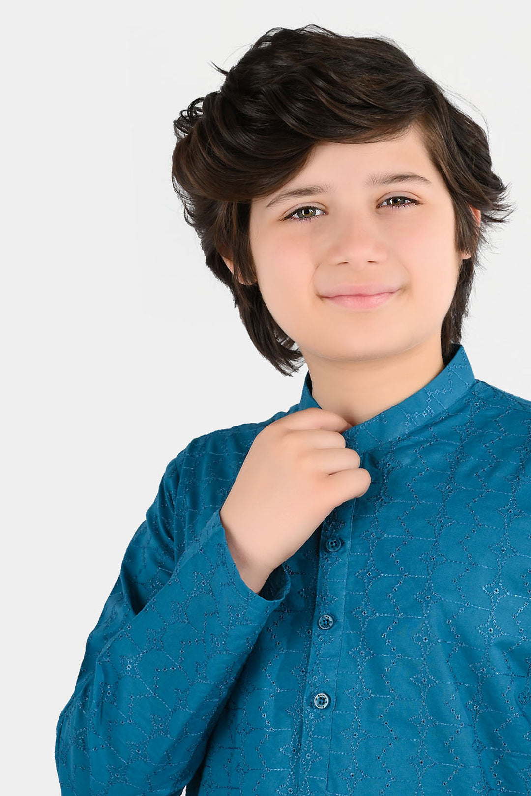 Boys Cotton Poplin Chicken Kari Kurta - Teal Blue