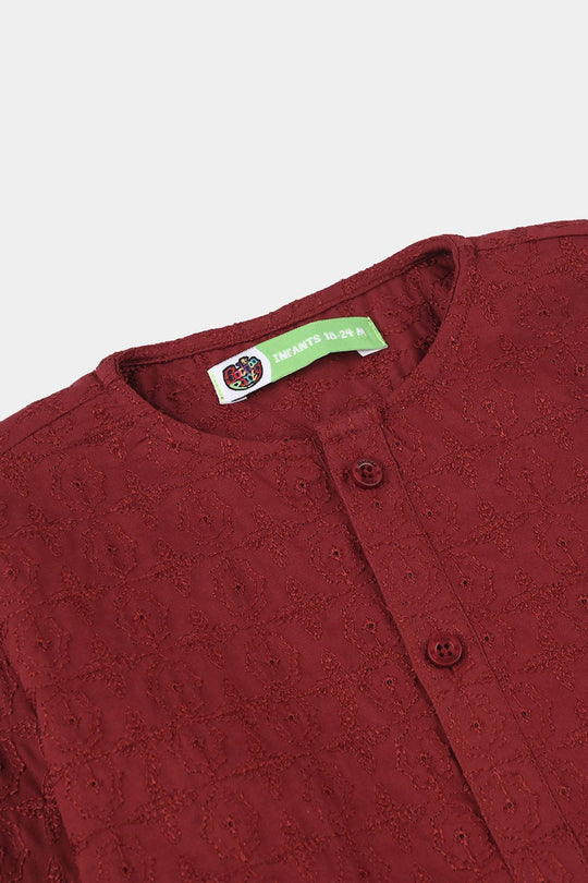 Infant Boys Cotton Poplin EMB Kurta (Winery Chicken Kari)-MAROON
