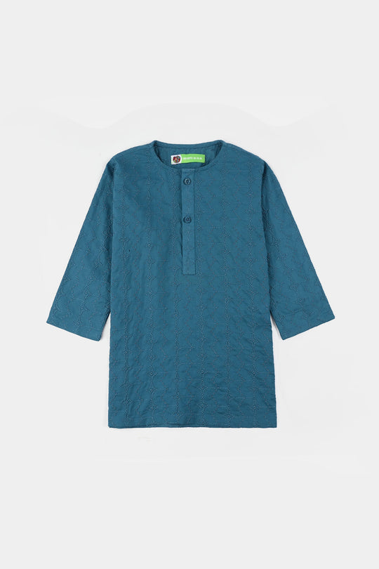 Infant Boys Cotton Chicken Kari Poplin Kurta - Teal Blue