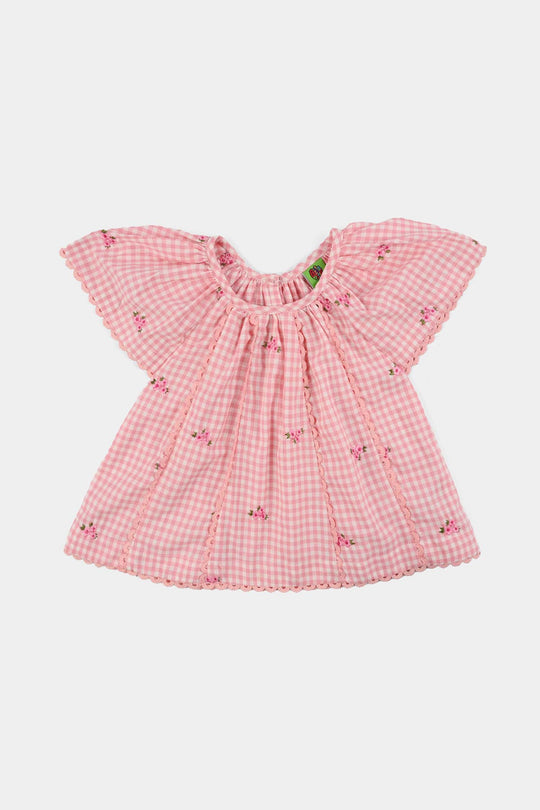Infant Girls Cotton Embroidered Top Pink Checks - Pink