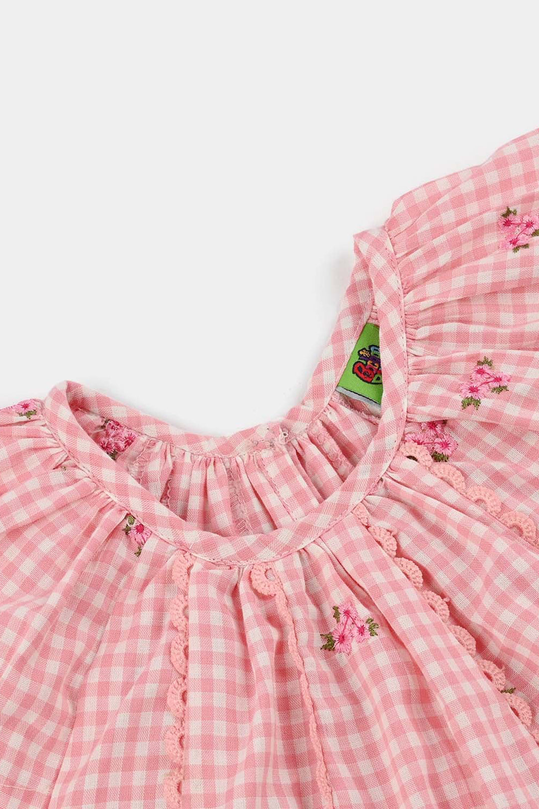 Infant Girls Cotton Embroidered Top Pink Checks - Pink
