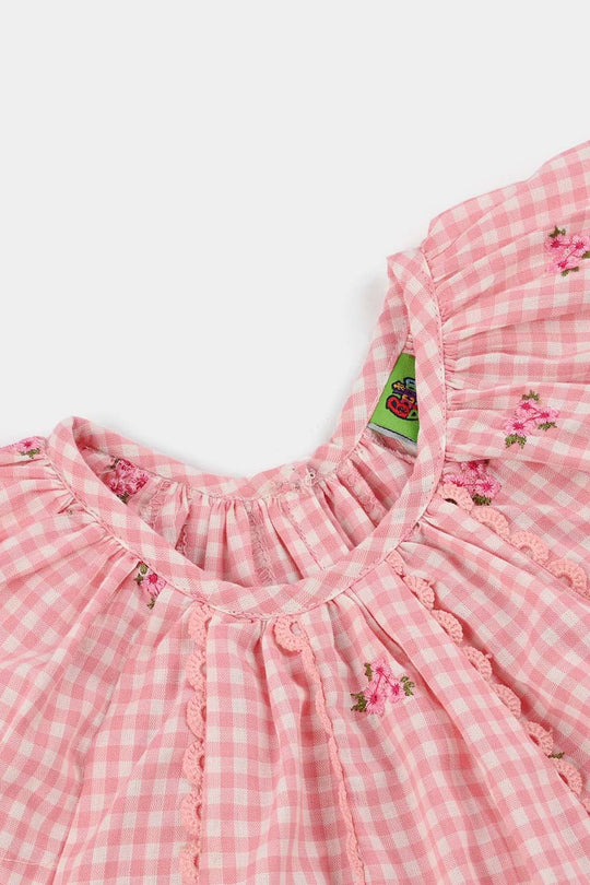 Infant Girls Cotton Embroidered Top Pink Checks - Pink