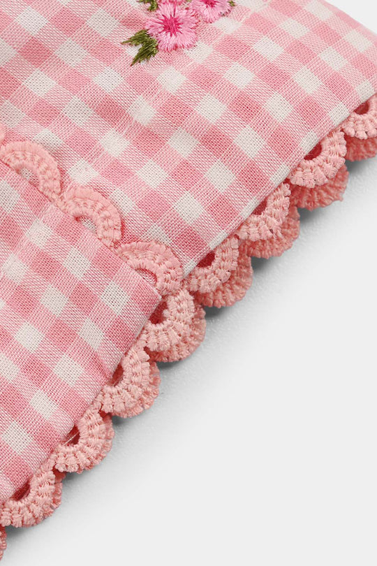 Infant Girls Cotton Embroidered Top Pink Checks - Pink