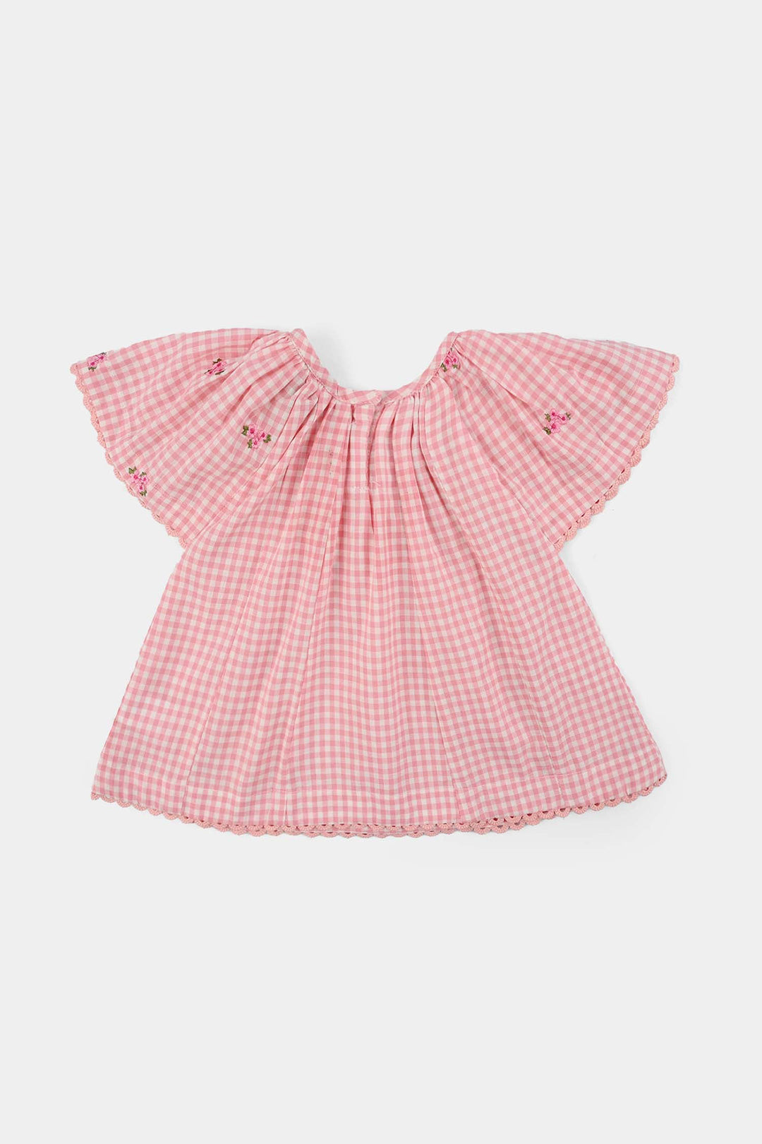 Infant Girls Cotton Embroidered Top Pink Checks - Pink
