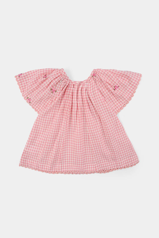 Infant Girls Cotton Embroidered Top Pink Checks - Pink