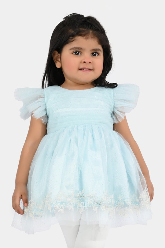 Infant Girls Net Fancy Frock (Glittering) - Light Blue