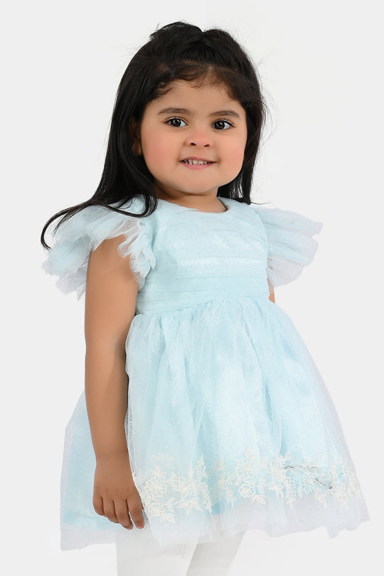 Infant Girls Net Fancy Frock (Glittering) - Light Blue