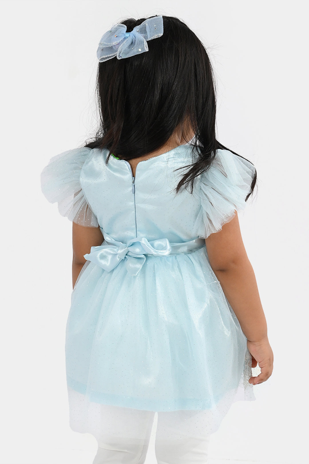 Infant Girls Net Fancy Frock (Glittering) - Light Blue