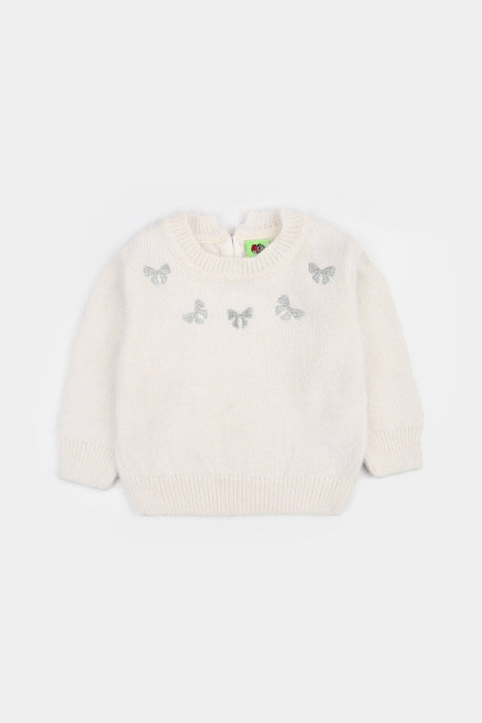 Infant Girls Acrylic Sweater-Lurex Bow - Off White