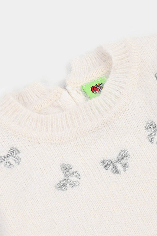 Infant Girls Acrylic Sweater-Lurex Bow - Off White