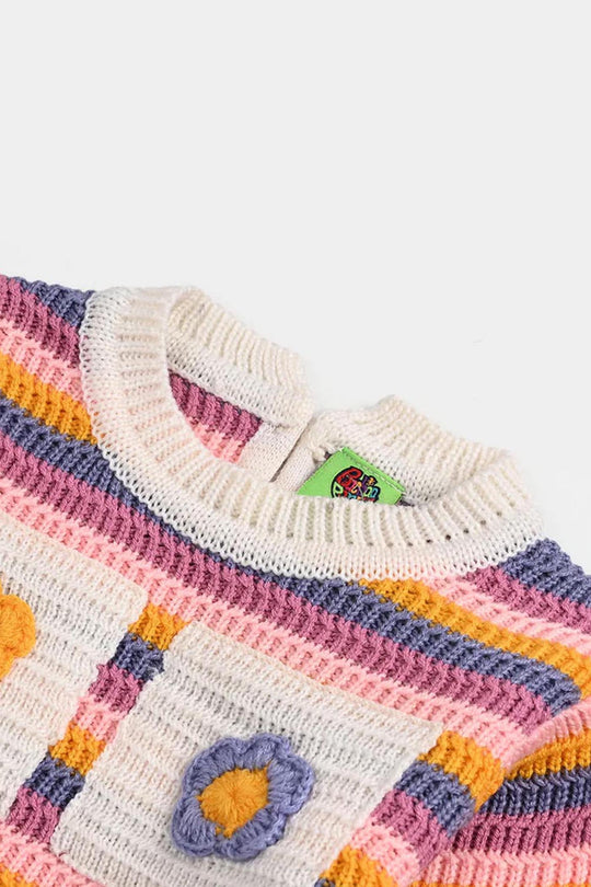 Infant Girls Sweater-Stripe & Flower - Multi