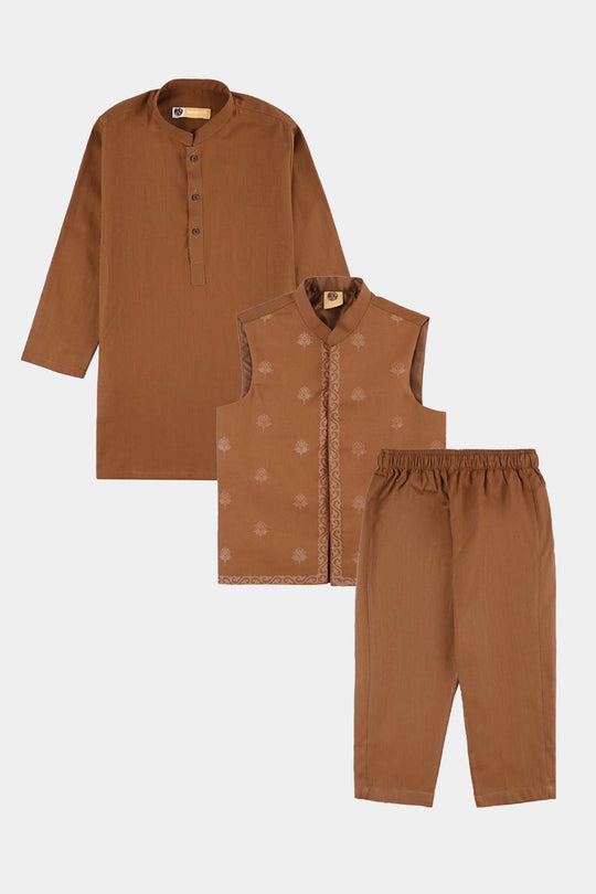 Boys Cotton Slub 3-Piece Suit - Brown