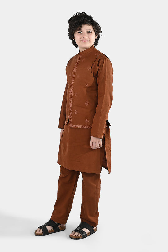 Boys Cotton Slub 3-Piece Suit - Brown