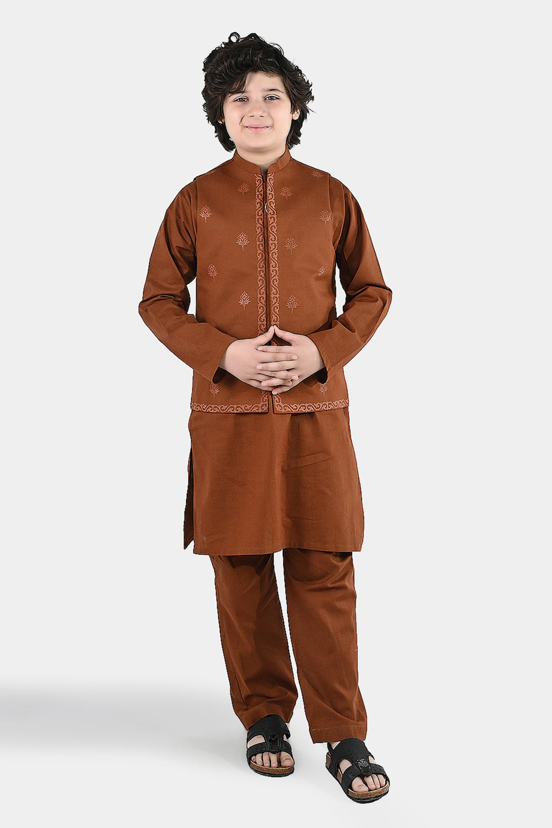 Boys Cotton Slub 3-Piece Suit - Brown