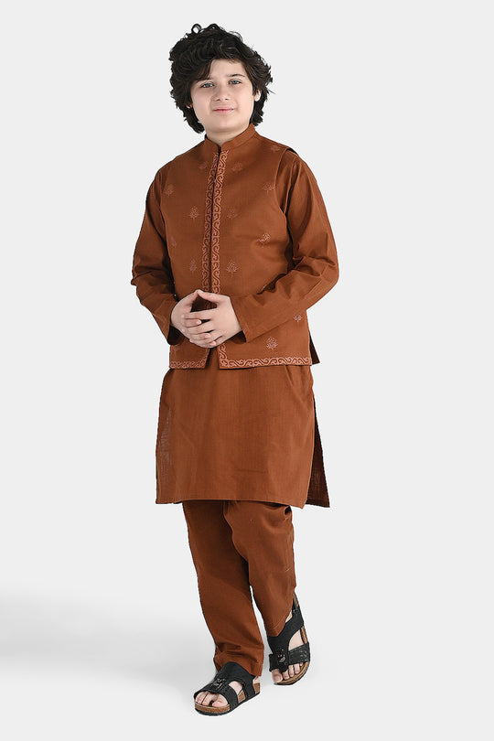 Boys Cotton Slub 3-Piece Suit - Brown