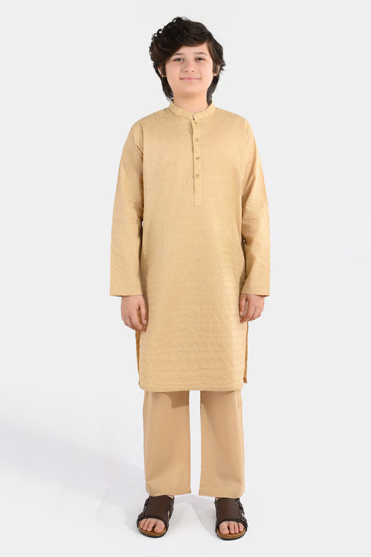 Boys Cotton Poplin Kurta Pajama (Chicken Kari) - Beige