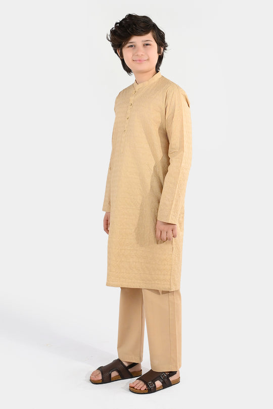 Boys Cotton Poplin Kurta Pajama (Chicken Kari) - Beige