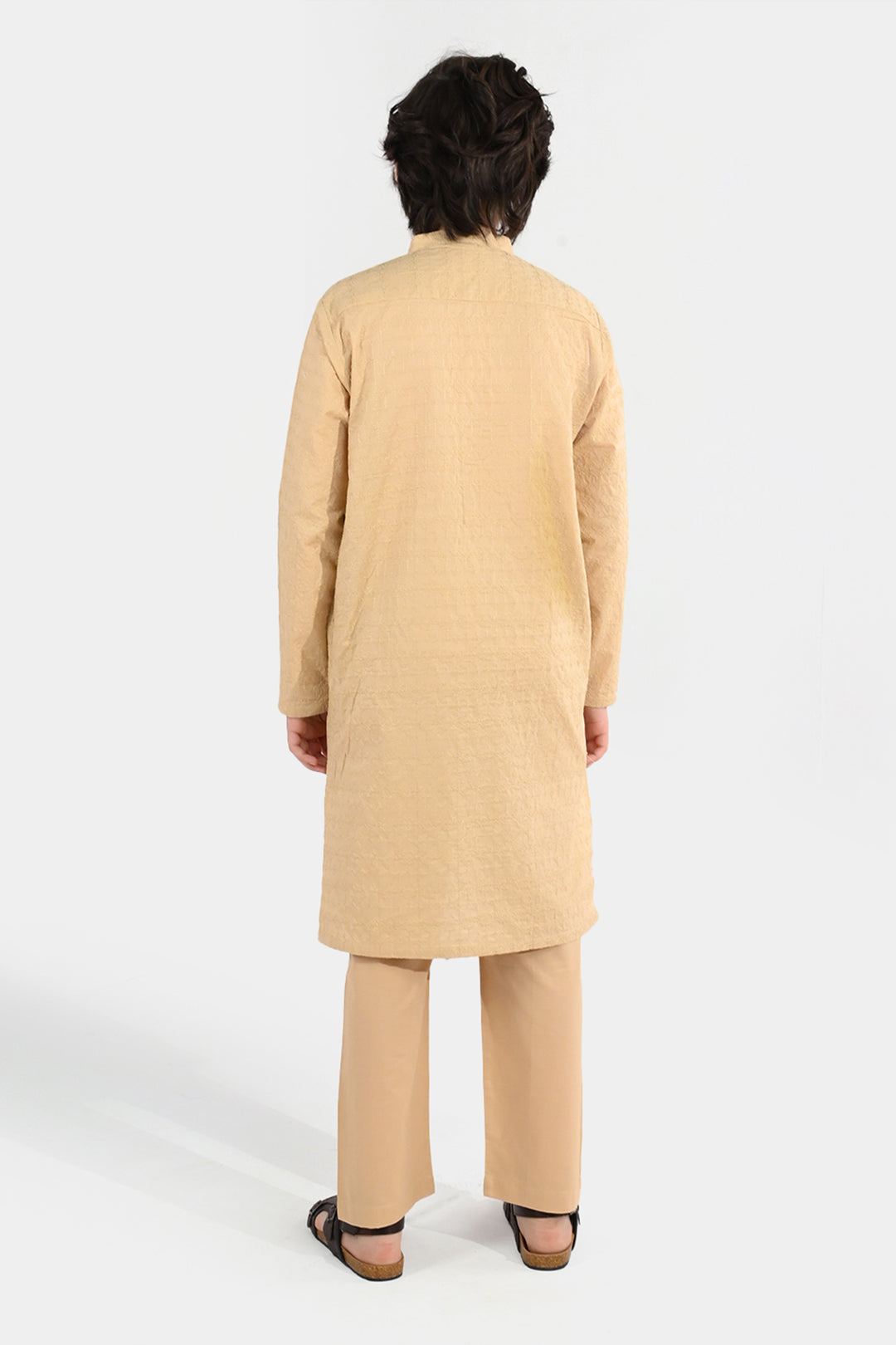 Boys Cotton Poplin Kurta Pajama (Chicken Kari) - Beige