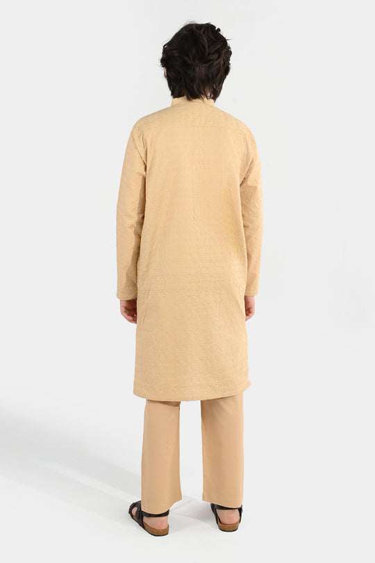 Boys Cotton Poplin Kurta Pajama (Chicken Kari) - Beige