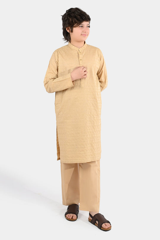 Boys Cotton Poplin Kurta Pajama (Chicken Kari) - Beige