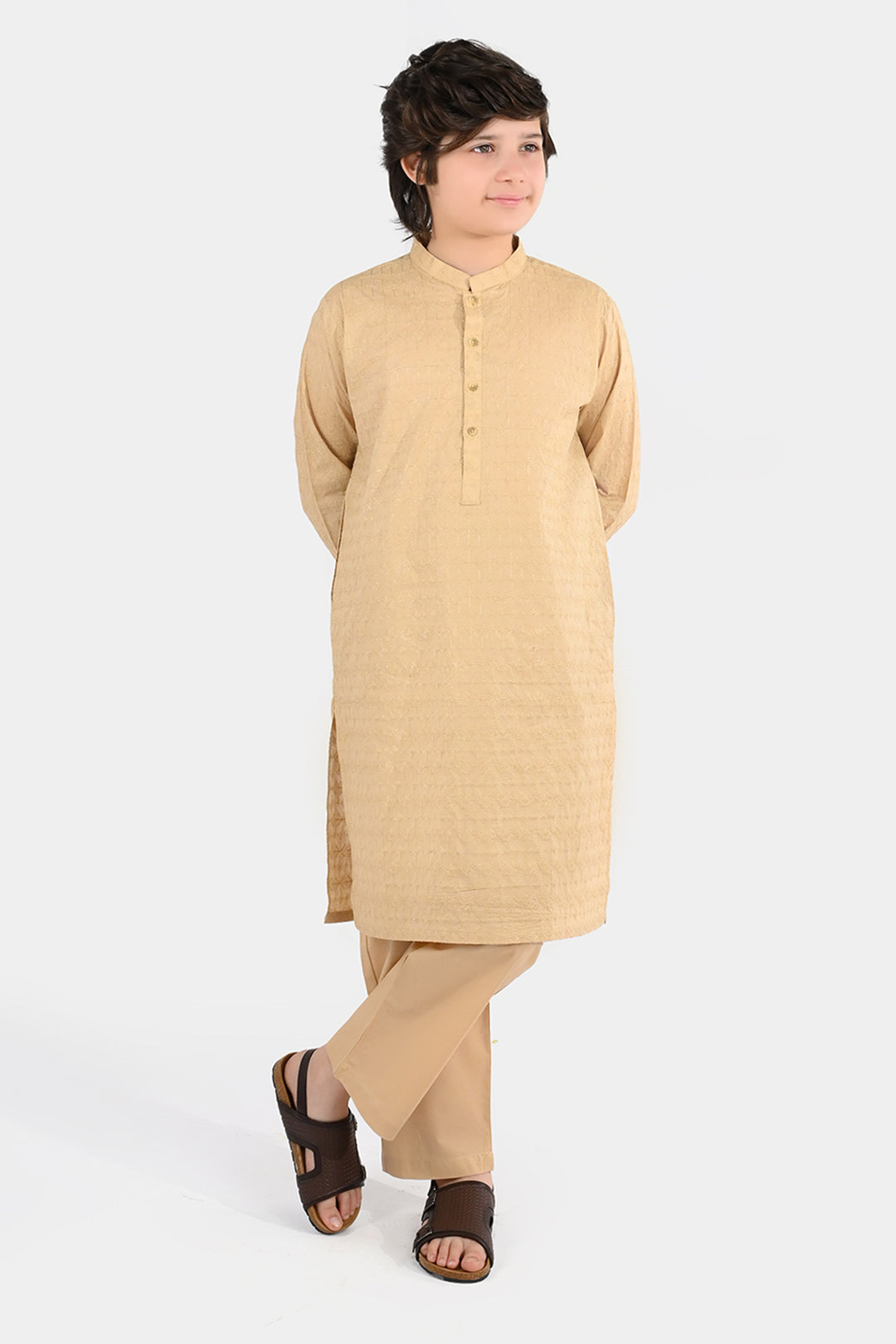 Boys Cotton Poplin Kurta Pajama (Chicken Kari) - Beige
