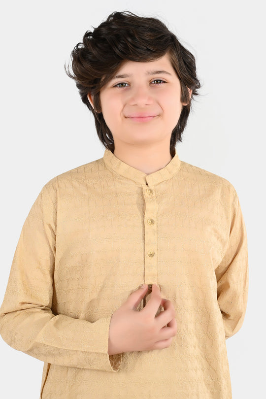 Boys Cotton Poplin Kurta Pajama (Chicken Kari) - Beige
