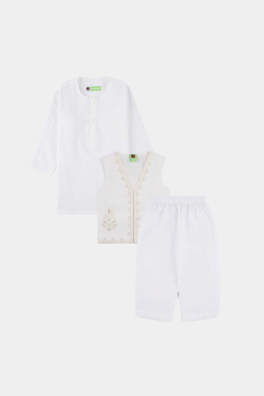 Infant Boys Cotton Slub 3Piece Suit (Front Open) -WHITE