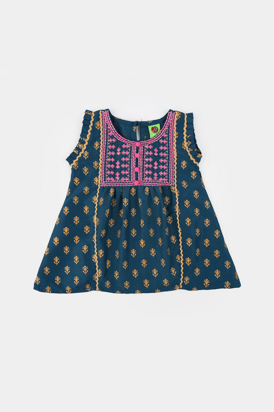 Infant Girls Poly Cambric Embroidered & Printed Kurti (Baby Gul) - Teal