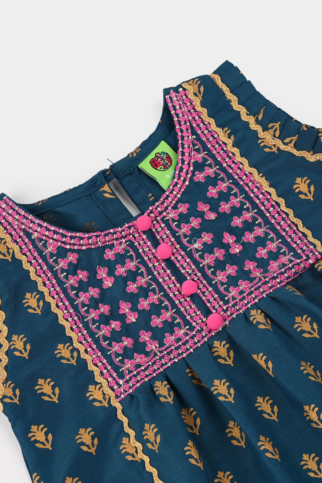 Infant Girls Poly Cambric Embroidered & Printed Kurti (Baby Gul) - Teal