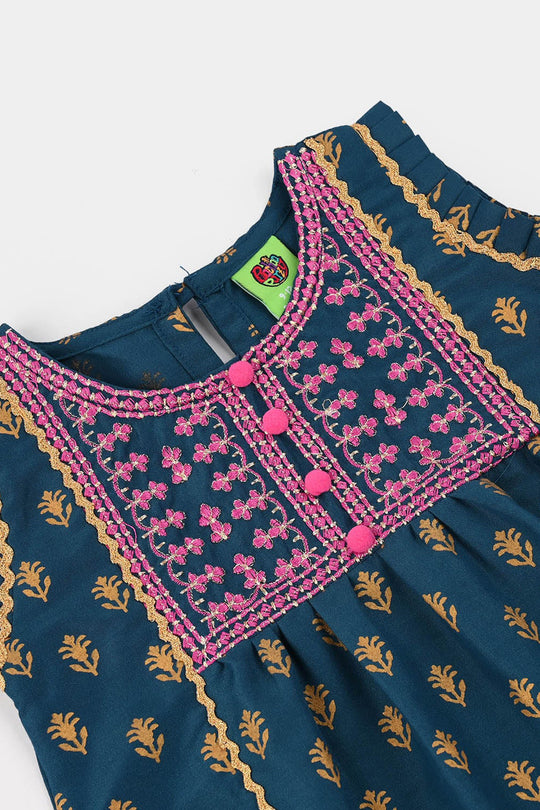 Infant Girls Poly Cambric Embroidered & Printed Kurti (Baby Gul) - Teal