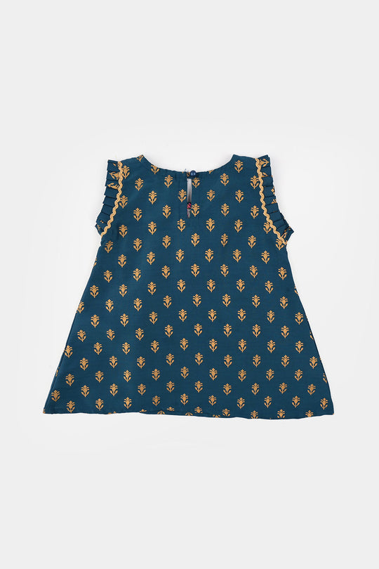 Infant Girls Poly Cambric Embroidered & Printed Kurti (Baby Gul) - Teal