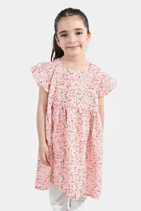 Girls Cotton Casual Frock - Pink/Peach