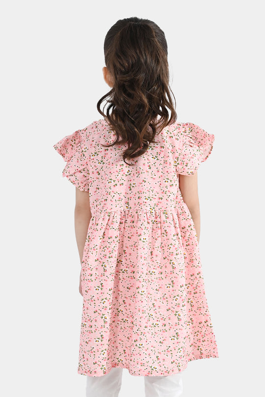 Girls Cotton Casual Frock - Pink/Peach