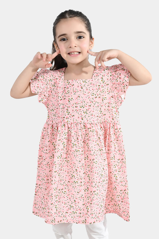 Girls Cotton Casual Frock - Pink/Peach