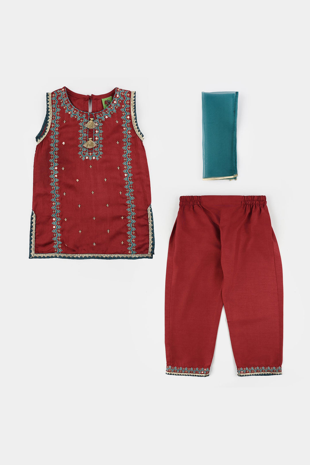 Infant Girls Raw Silk 3 Piece Suit (Naqsh) - Red