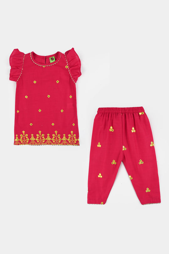 Infant Girls Cotton Slub 2Pc Suit (Pari) - Shocking Pink