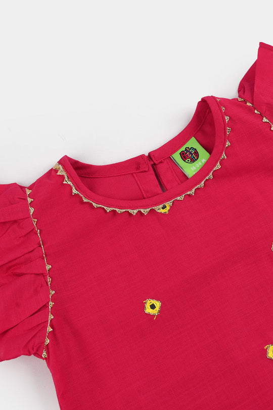 Infant Girls Cotton Slub 2Pc Suit (Pari) - Shocking Pink