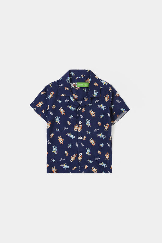 Infant Boys Viscose Nightwear Puppy Print Shirt & Trouser Set – Navy Blue