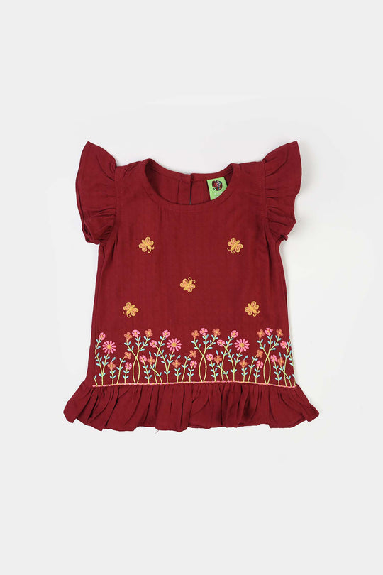 Infant Girls Cotton Emb 2Pcs Little Garden-MAROON