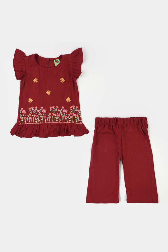Infant Girls Cotton Emb 2Pcs Little Garden-MAROON