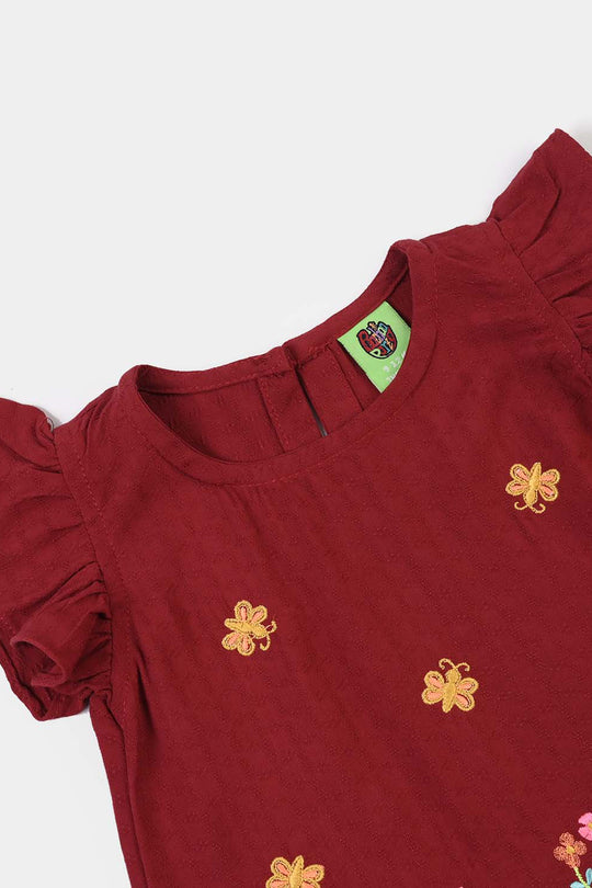Infant Girls Cotton Emb 2Pcs Little Garden-MAROON