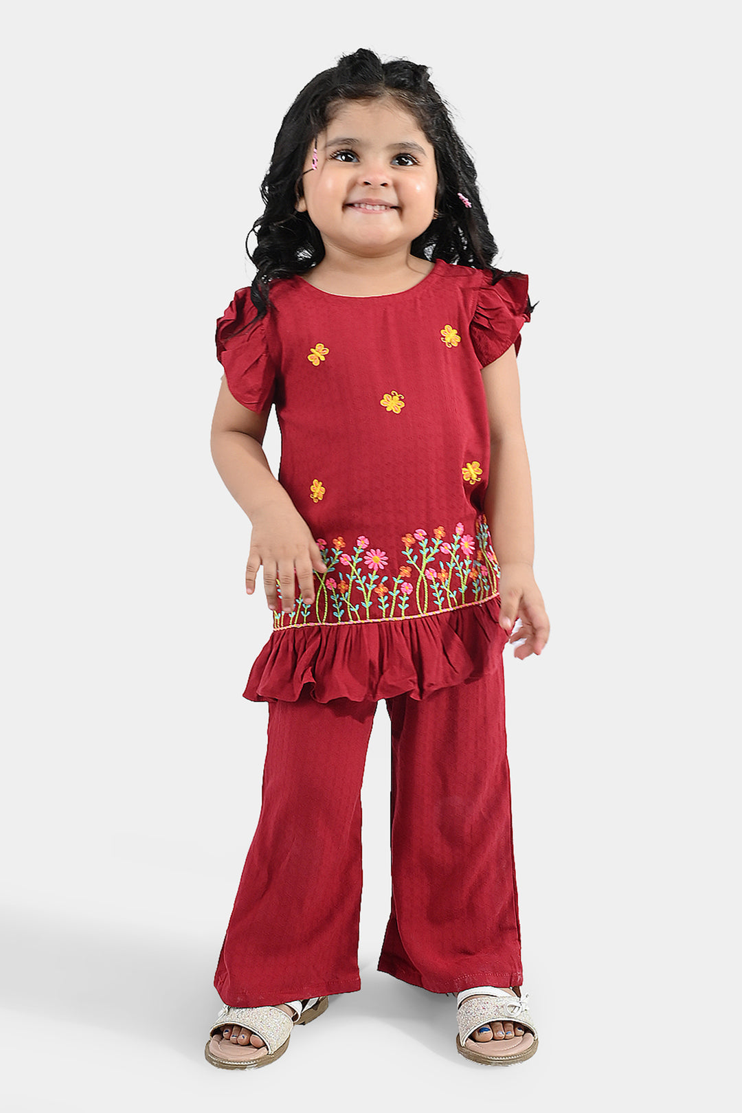 Infant Girls Cotton Emb 2Pcs Little Garden-MAROON