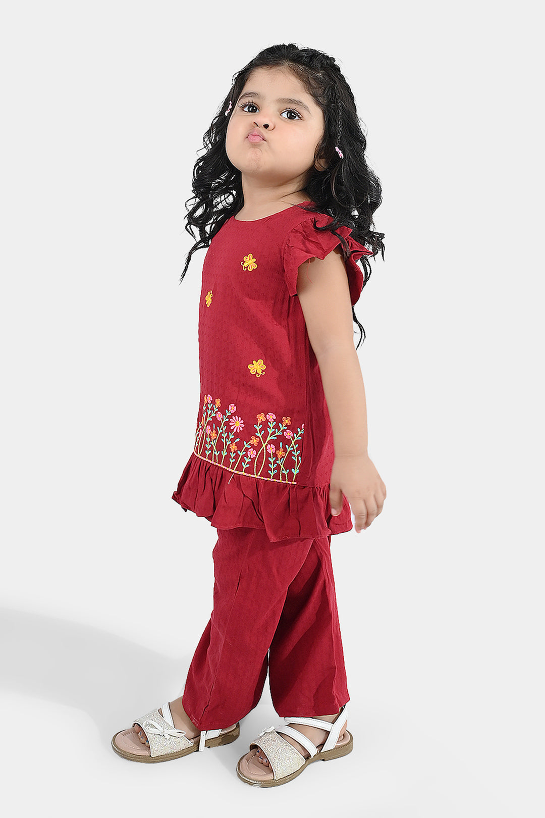 Infant Girls Cotton Emb 2Pcs Little Garden-MAROON