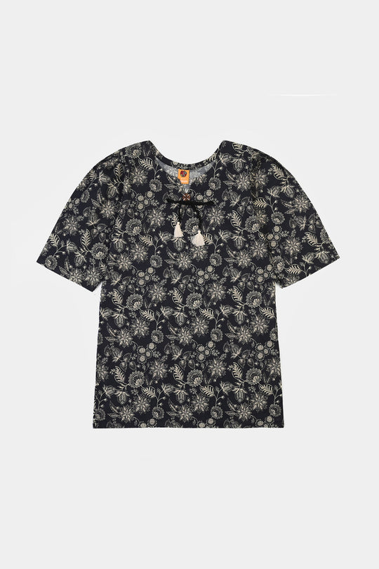 Girls Cotton Printed 2Pcs Mono Chrome-BLACK