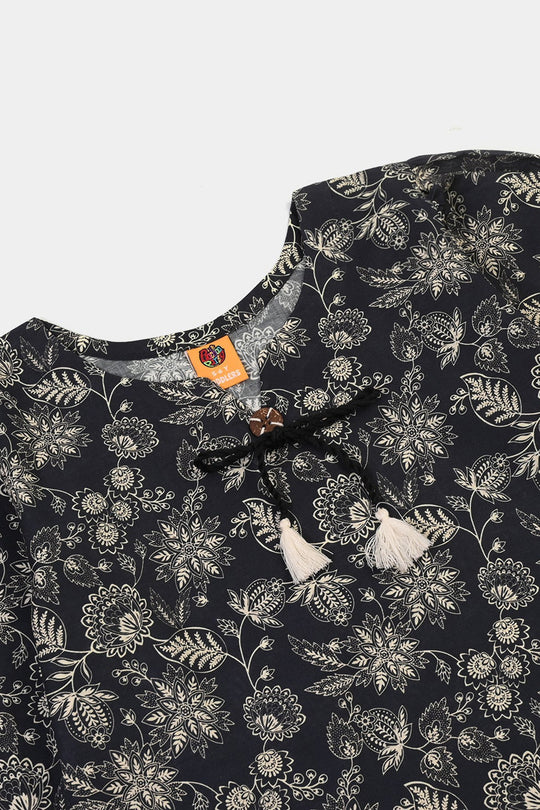 Girls Cotton Printed 2Pcs Mono Chrome-BLACK