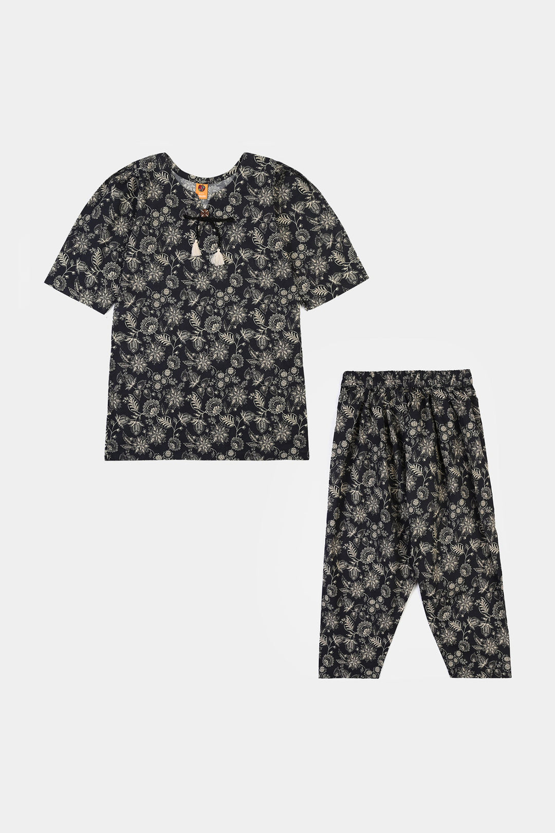 Girls Cotton Printed 2Pcs Mono Chrome-BLACK